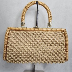 Vintage By Simon New York Hong Kong Wicker Beaded Handbag w Leather Hinges Purse